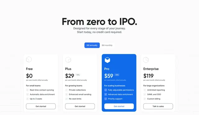 Attio pricing hero with four-column plans, minimal, light-mode, light