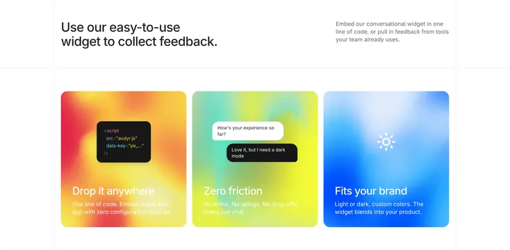 Audyr feedback widget three-card feature, minimal, light-mode, light