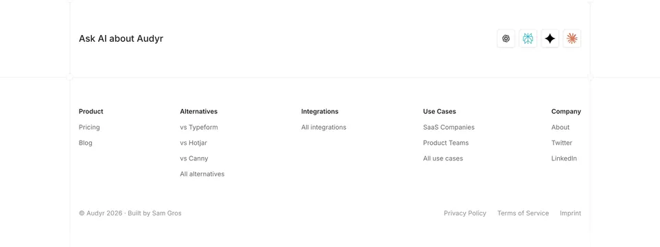 Audyr multi-tier site footer, minimal, light-mode, light
