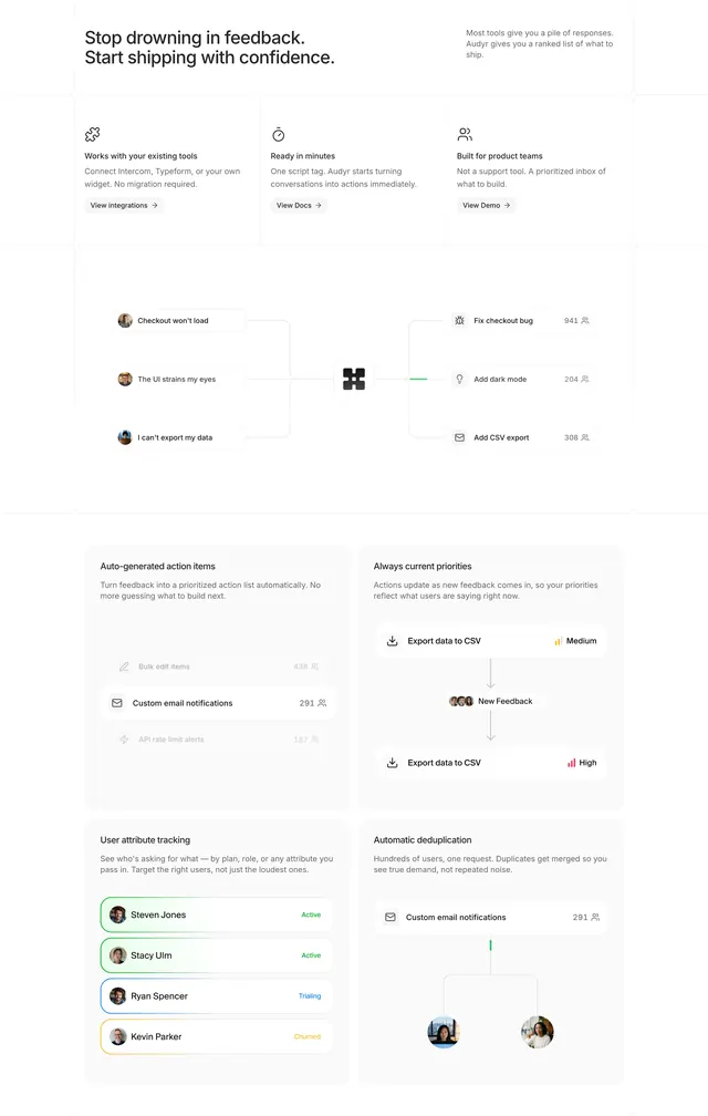 Audyr feedback workflow feature bento, minimal, light-mode, light