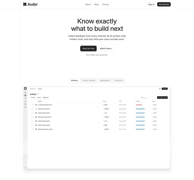 Audyr product hero with tabbed UI preview, minimal, light-mode, light