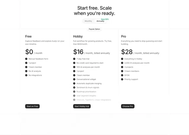Audyr three-tier subscription pricing, minimal, light-mode, light