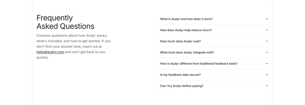Audyr split-column FAQ accordion, minimal, light-mode, light