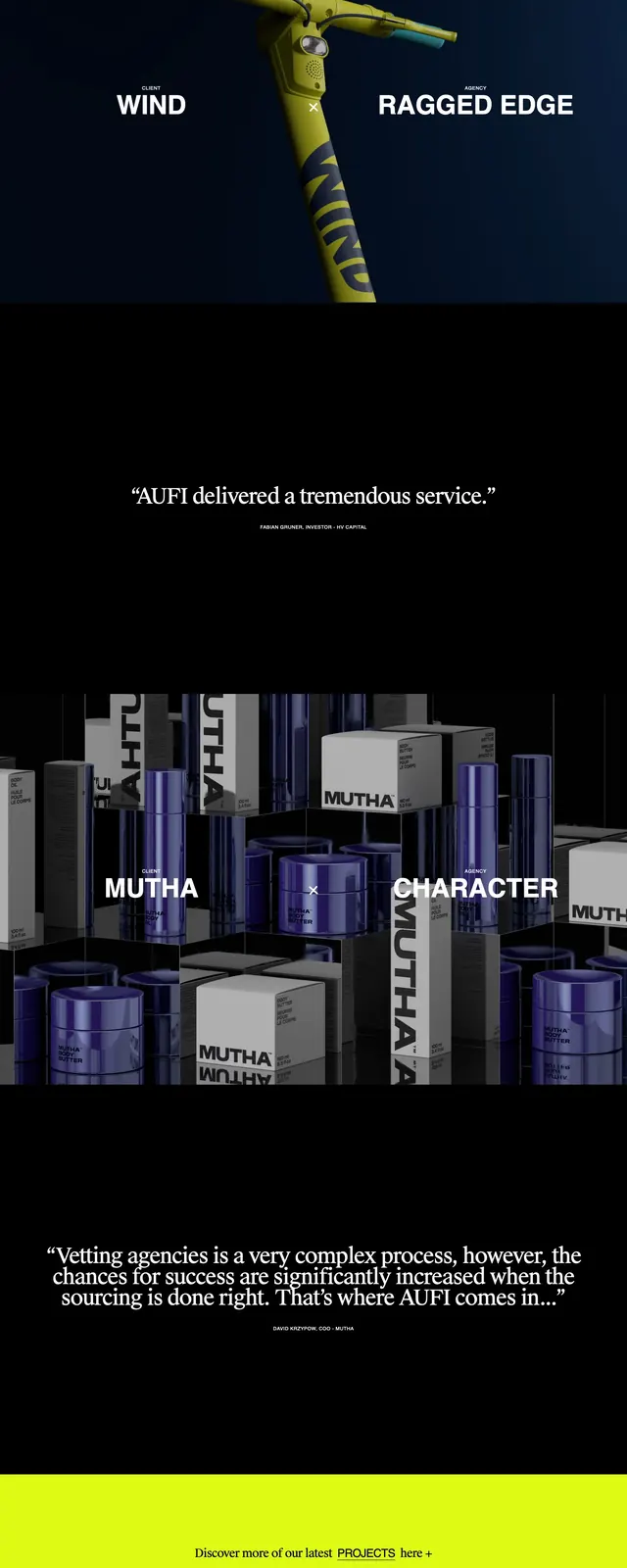 Aufi 2 Creative Agency Landing Page, neo-brutalist, editorial, high-contrast