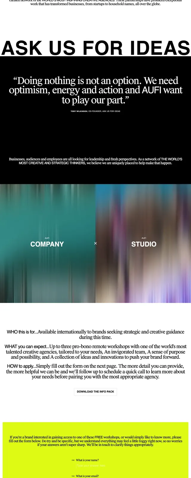 Aufi Creative Agency Landing Page, brutalist, editorial, high-contrast