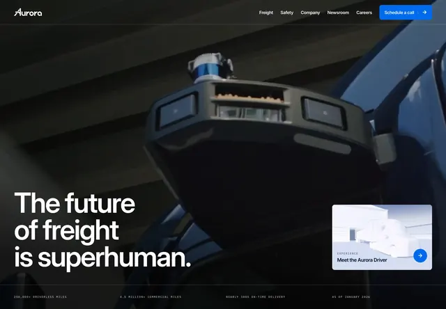 Aurora autonomous freight cinematic hero, dark-mode, minimal, dark