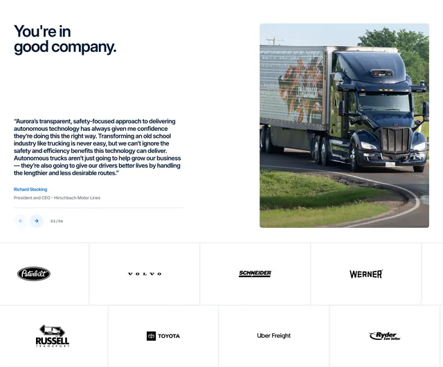 Aurora testimonial carousel with logo grid, minimal, light-mode, light