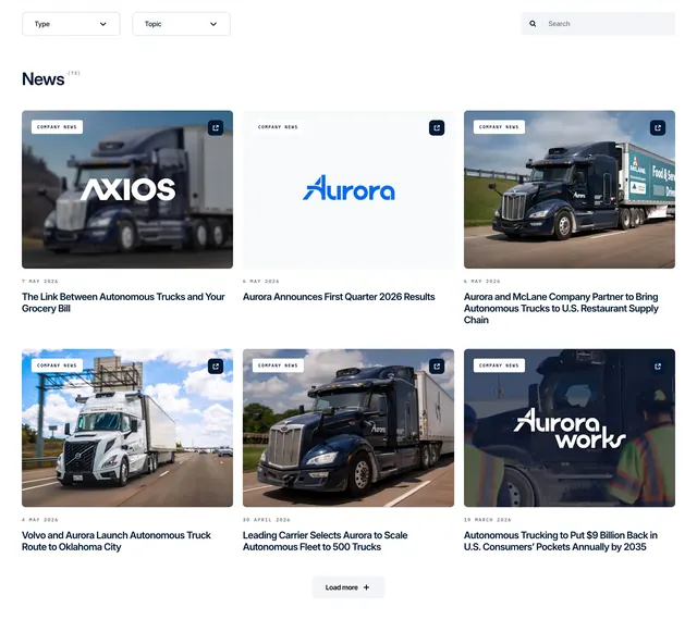 Aurora news index with filters, minimal, light-mode, light