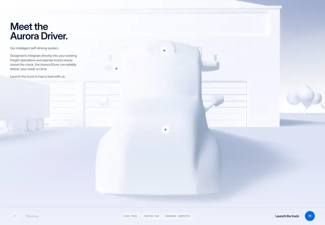 Aurora Driver interactive 3D intro hero, minimal, light-mode, light