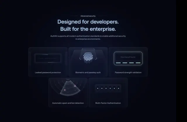 AuthKit advanced security features, dark-mode, gradient-heavy, dark