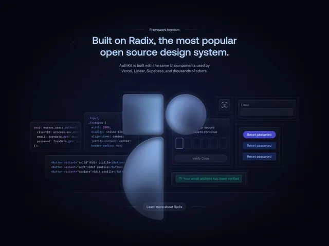 AuthKit Radix framework feature collage, dark-mode, gradient-heavy, dark