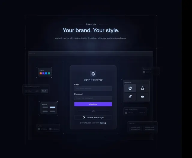 AuthKit white-label customization showcase, dark-mode, glassmorphism, dark