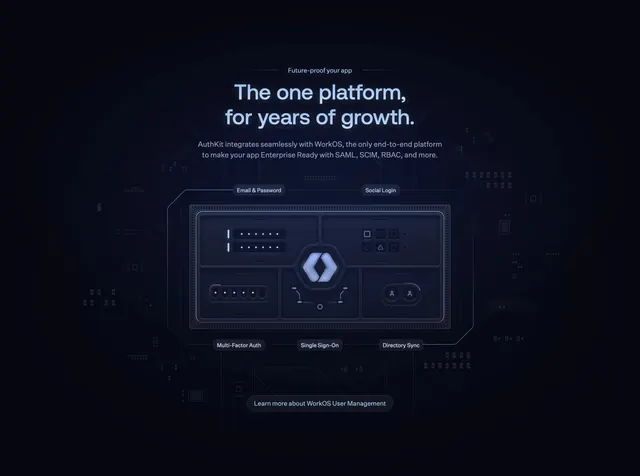 AuthKit WorkOS enterprise growth platform, dark-mode, gradient-heavy, dark