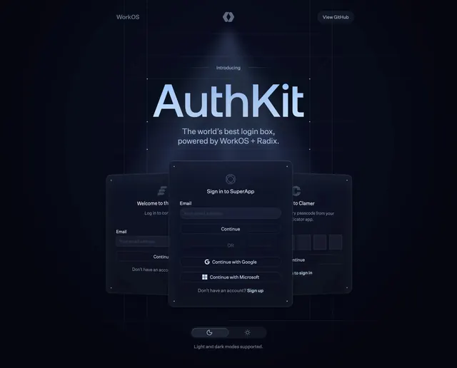 AuthKit login box hero, dark-mode, gradient-heavy, dark