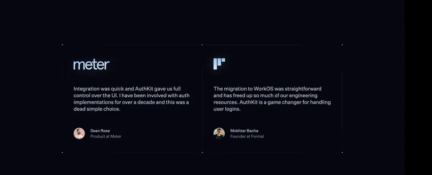 AuthKit dual testimonial cards with glowing logos, dark-mode, minimal, dark