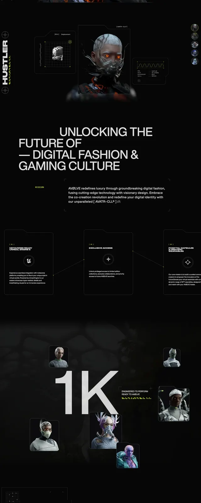 Av0lve Digital Fashion Landing Page, dark-mode, technical, dark