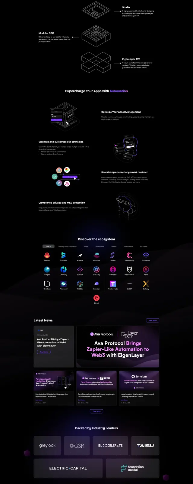 AvaProtocol Web3 Landing Page, dark-mode, technical, dark