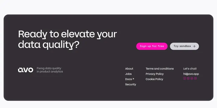 Avo dark rounded footer with dual CTA, dark-mode, minimal, dark