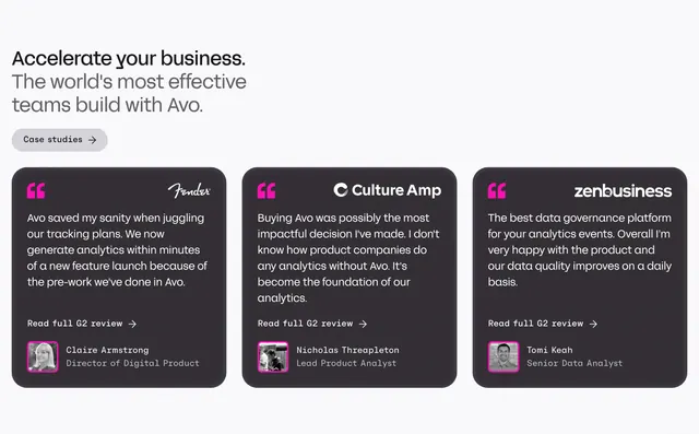 Avo three-card G2 testimonial row, minimal, corporate-clean, light