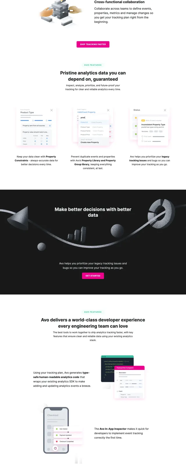 Avo Product Analytics Landing Page, corporate-clean, minimal, light