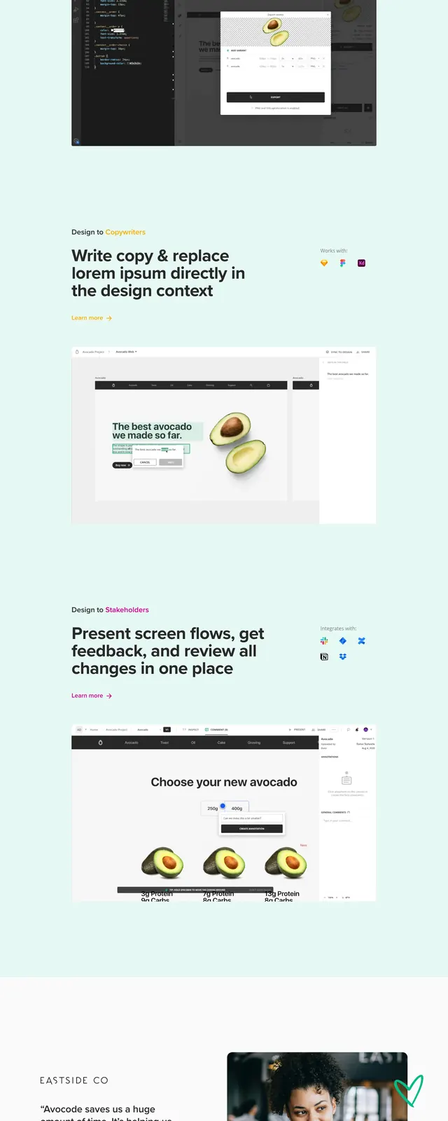 Avocode Design Handoff Landing Page, minimal, playful, light