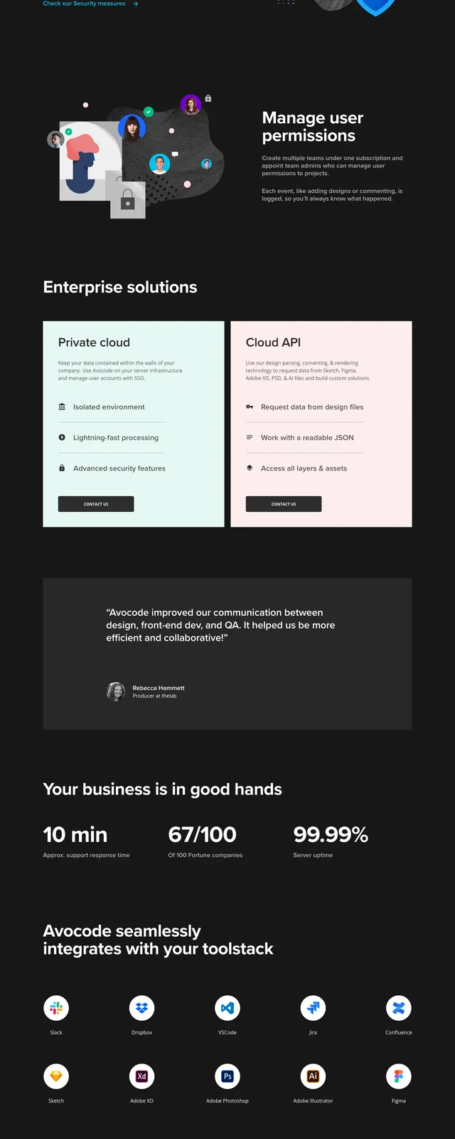 Avocode Enterprise Landing Page, corporate-clean, dark-mode, dark