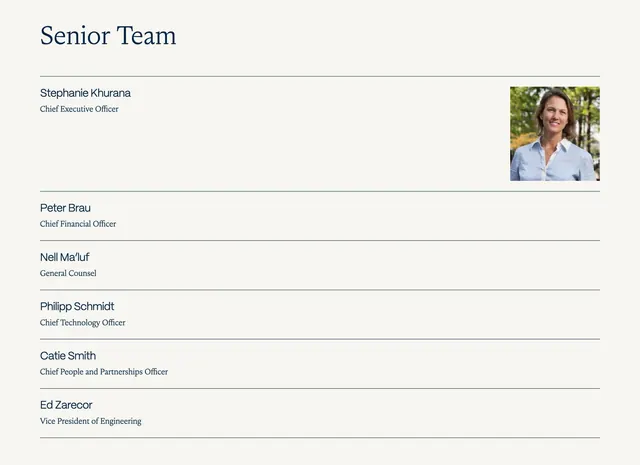 Axim senior team accordion list with portrait, minimal, editorial, light