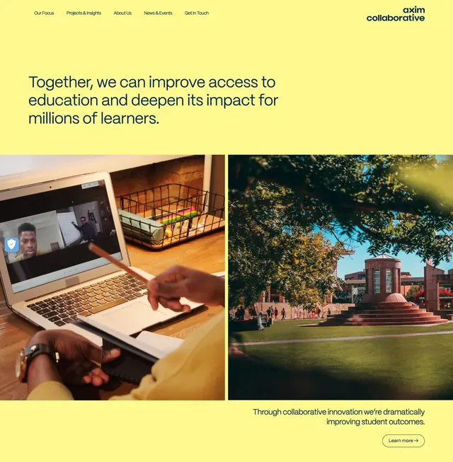 Axim yellow hero with dual education photos, minimal, editorial, light