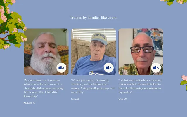 Baba family video testimonials, minimal, editorial, cool