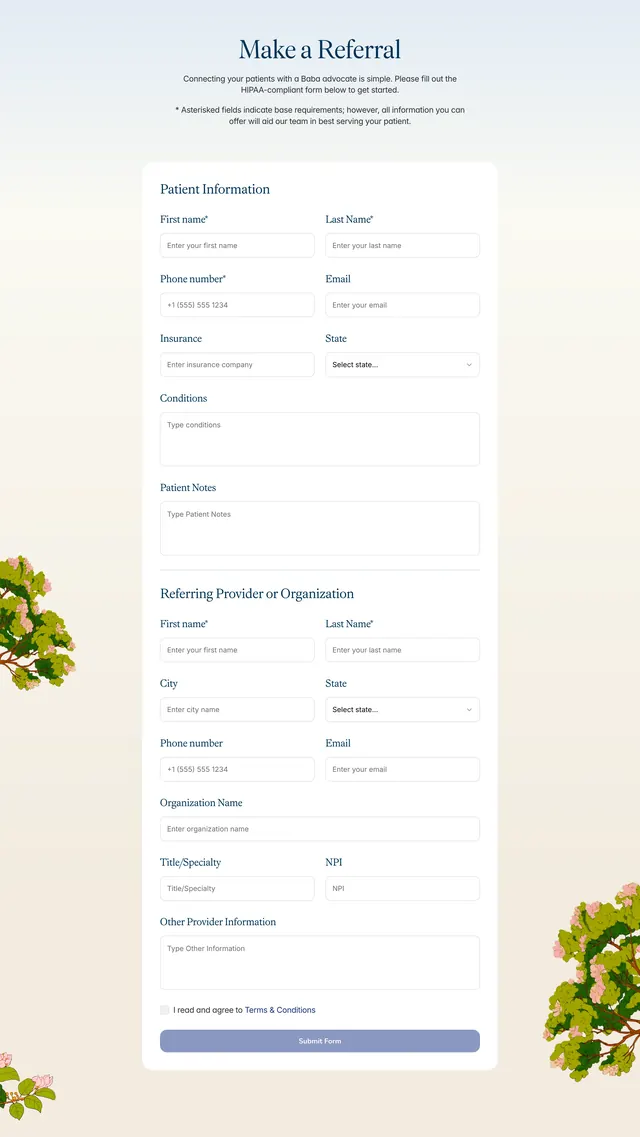 Baba HIPAA referral form, minimal, light-mode, light