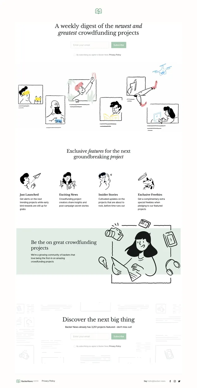 Backer News Landing Page, minimal, illustrated, light