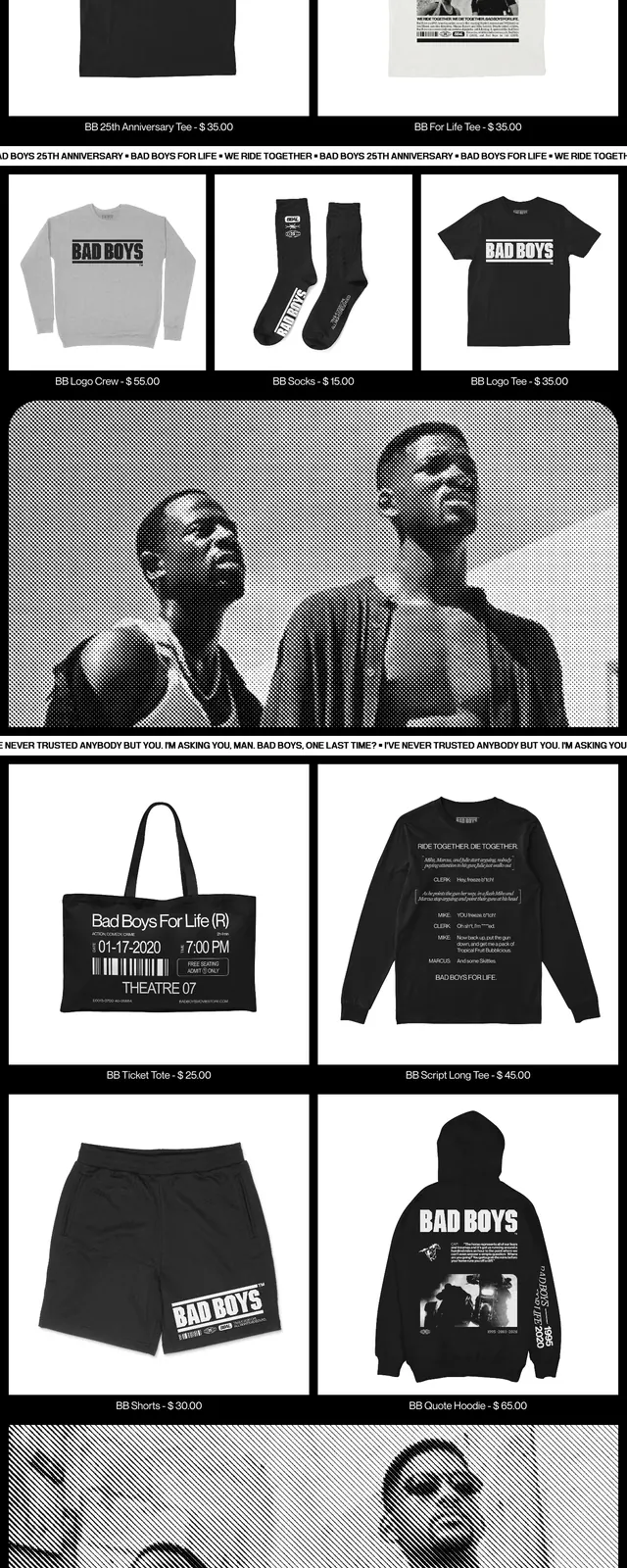 Bad Boys Merchandise Store, brutalist, monochrome, high-contrast