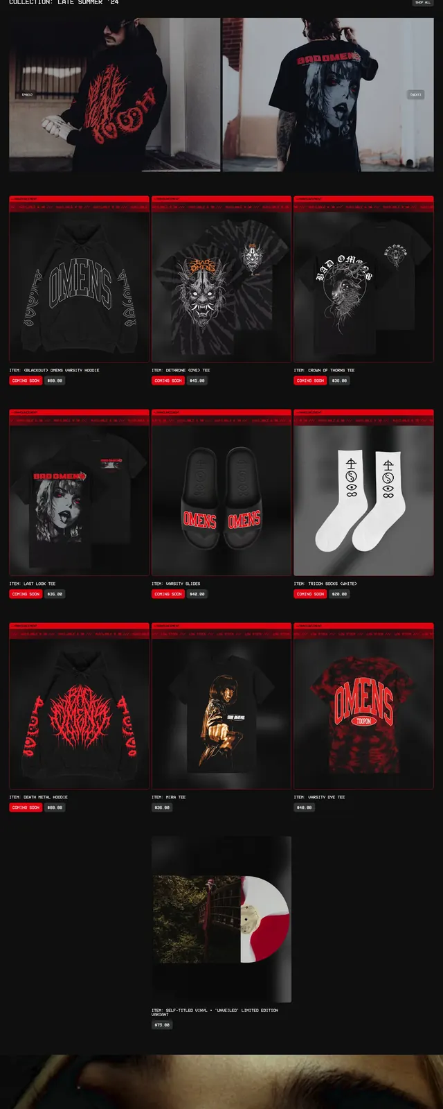 Bad Omens Official Merchandise Store, brutalist, dark-mode, dark