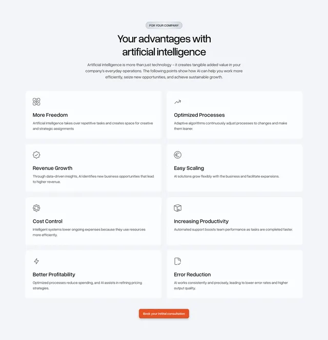 Bakedwith AI advantages grid, minimal, corporate-clean, light