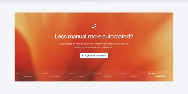 Bakedwith consultation booking CTA, minimal, gradient-heavy, warm