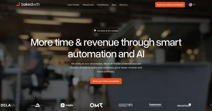 Bakedwith automation hero with logo cloud, minimal, dark-mode, dark