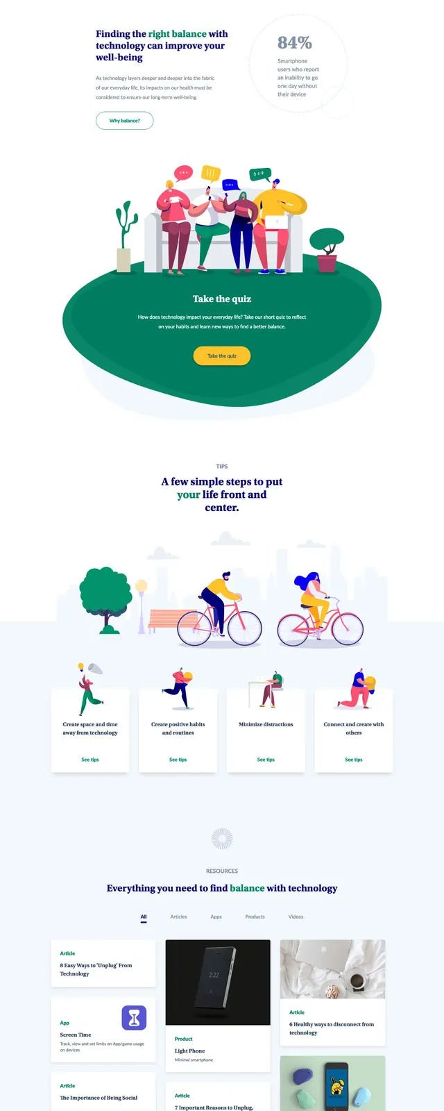 BalanceTech Digital Wellness Landing Page, minimal, illustrated, light