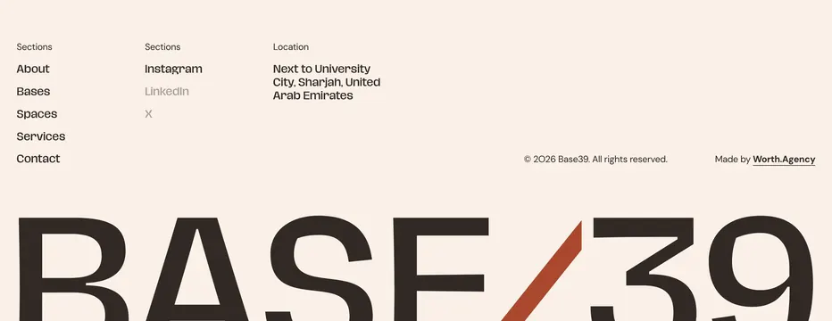 Base39 oversized wordmark footer, minimal, swiss, light