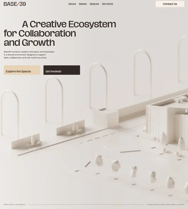 Base39 3D architectural model hero, minimal, 3d-render, light