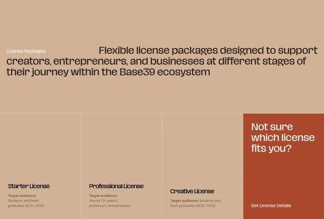 Base39 license tier column grid, minimal, swiss, warm