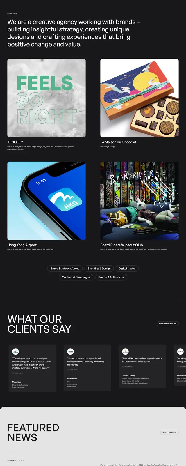 Basecreate Agency Landing Page, minimal, brutalist, dark