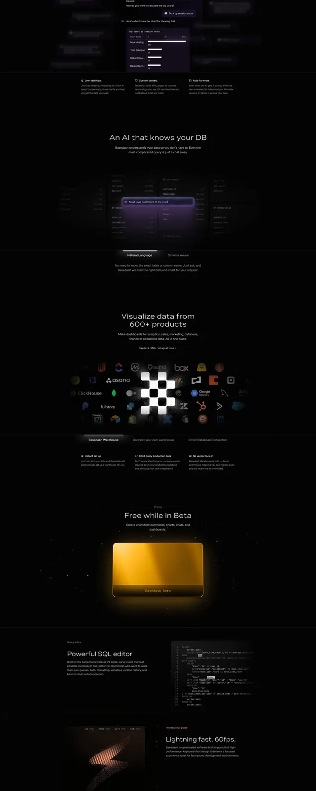 Basedash AI BI Platform, dark-mode, technical, dark