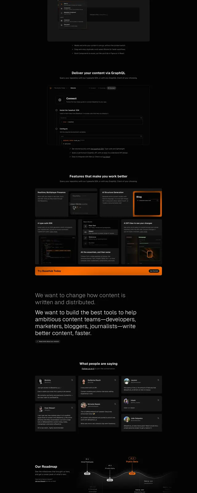 Basehub AI Content Management, dark-mode, technical, dark