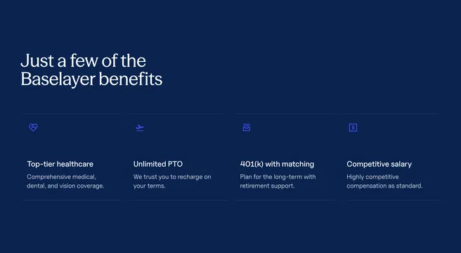 Baselayer employee benefits four-column grid, minimal, dark-mode, dark