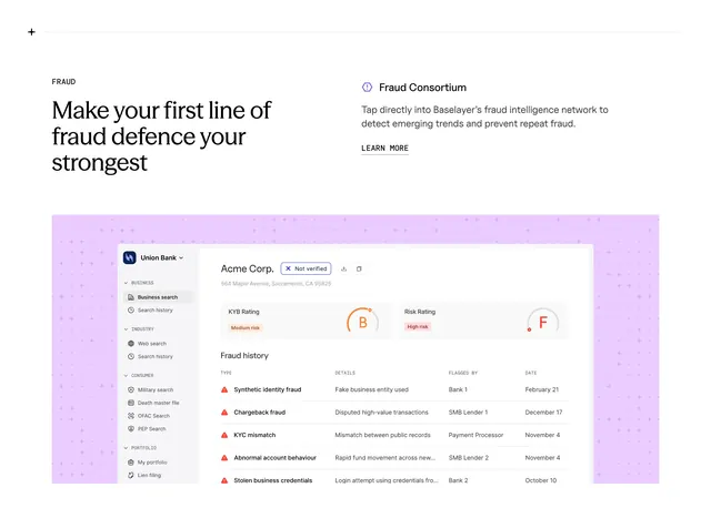 Baselayer fraud consortium dashboard feature, minimal, light-mode, light