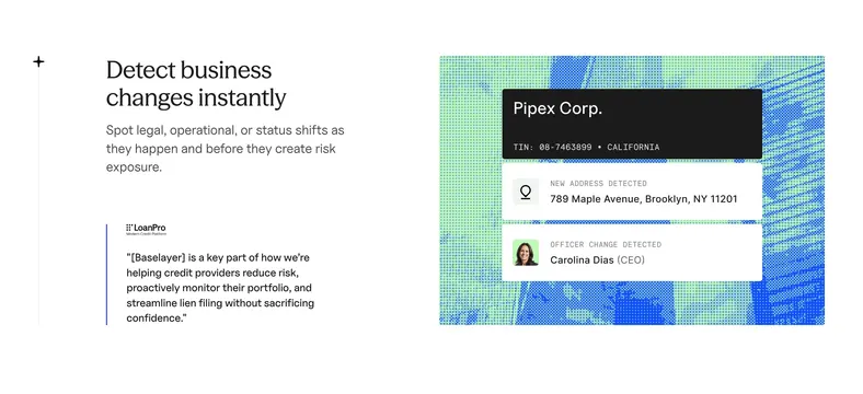 Baselayer business change monitoring feature, minimal, editorial, light