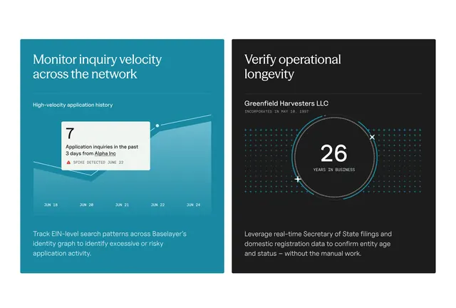 Baselayer inquiry velocity and longevity cards, minimal, corporate-clean, dark