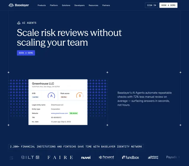 Baselayer AI agents risk automation hero, dark-mode, minimal, dark