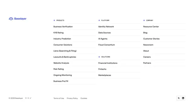 Baselayer multi-column site footer, minimal, corporate-clean, light