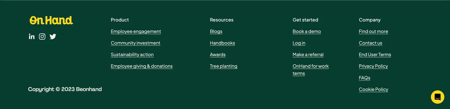 Be On Hand dark green footer, minimal, playful, dark
